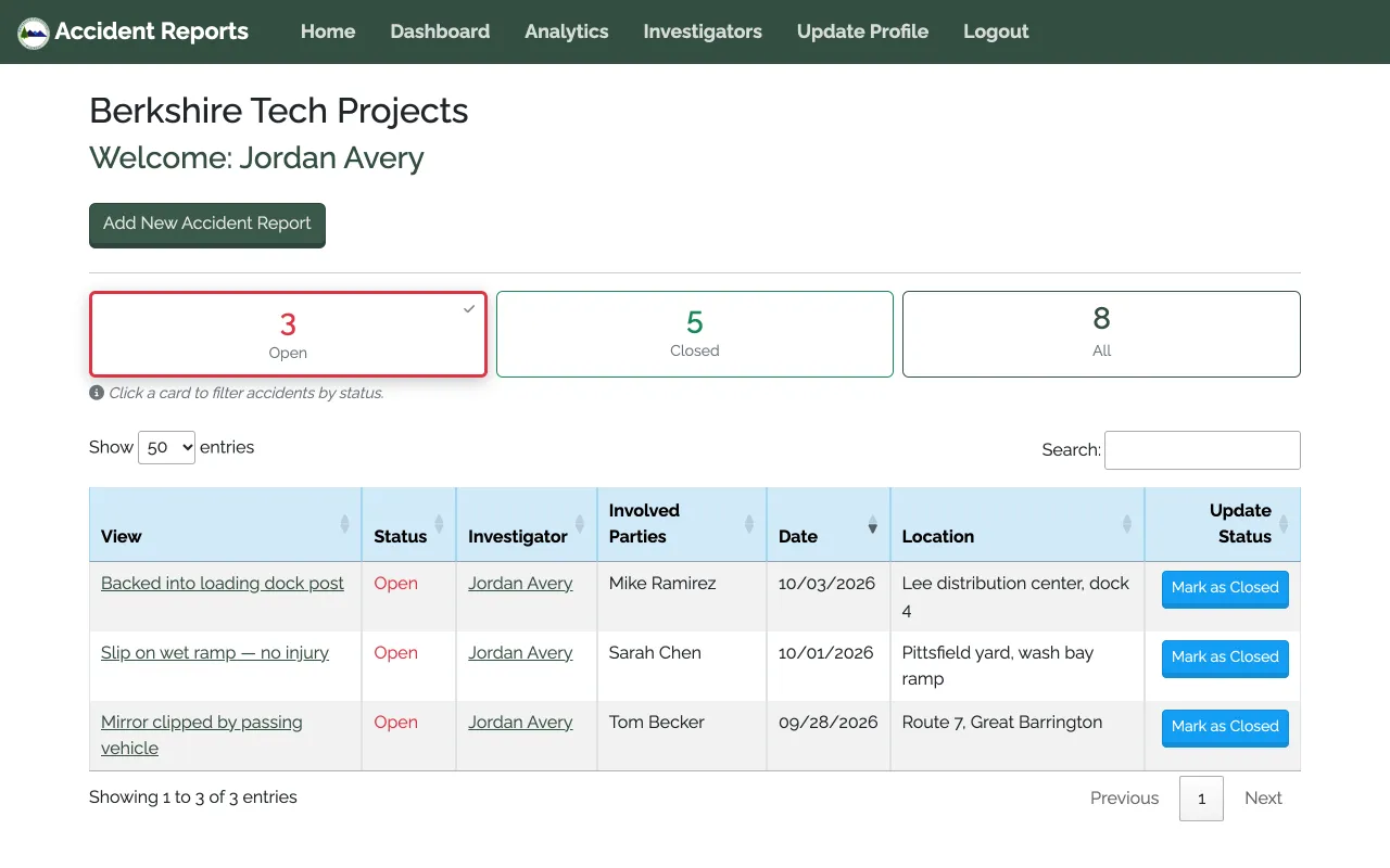 Accident reports list with open, closed and total counts
